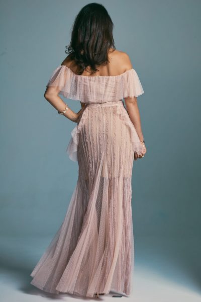 A wedding dress in powder pink with soft frills Venezia 6