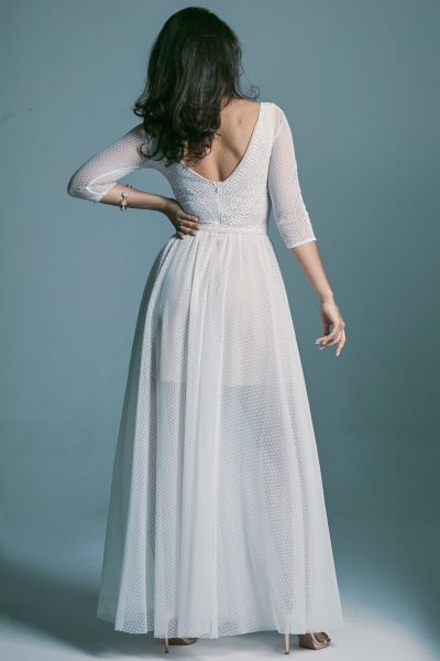 Zjawiskowa suknia ślubna z rękawem 3/4 z dzianinowej koronki Santorini 7
