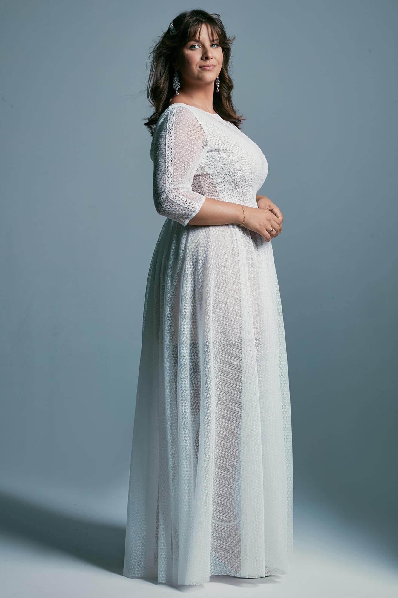 Plus size wedding dress with 3/4 sleeves and a boat neckline Santorini 7 plus size