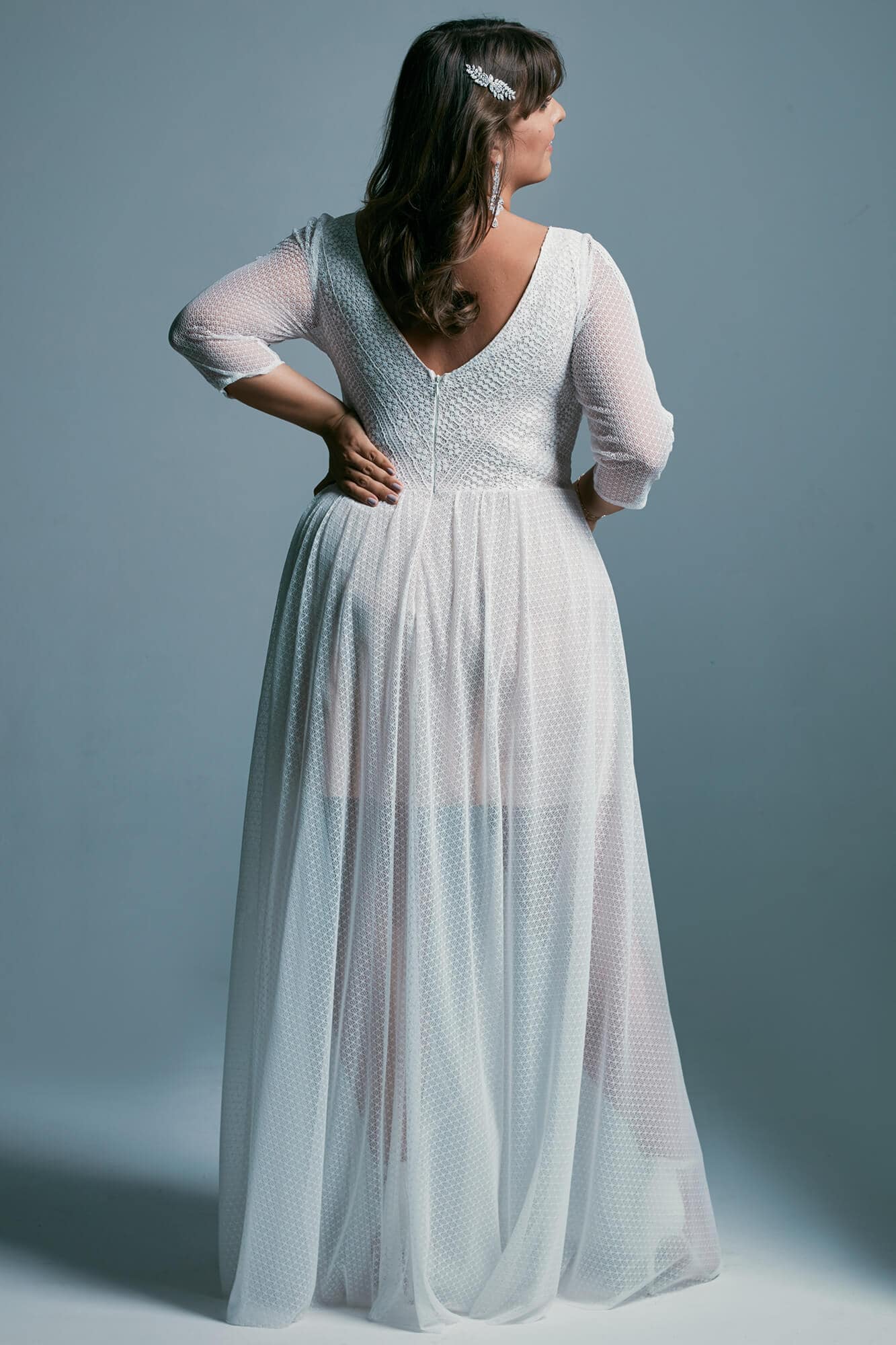 Plus size wedding dress with 3/4 sleeves and a boat neckline Santorini 7 plus size