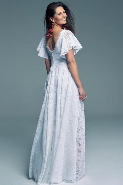 Wedding dress with sleeves and bare shoulders with white lining Santorini 15