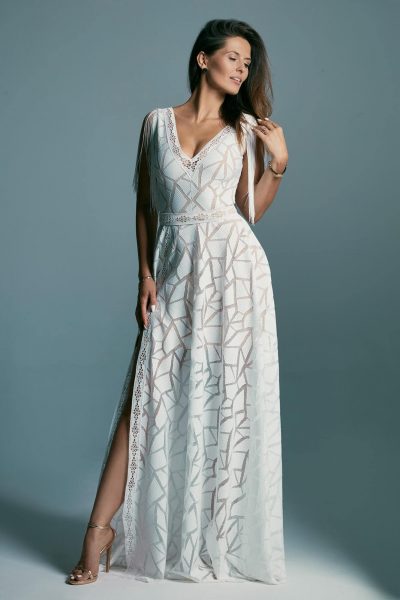 Wedding dress with a bold cut from lace with a geometric pattern Santorini 3