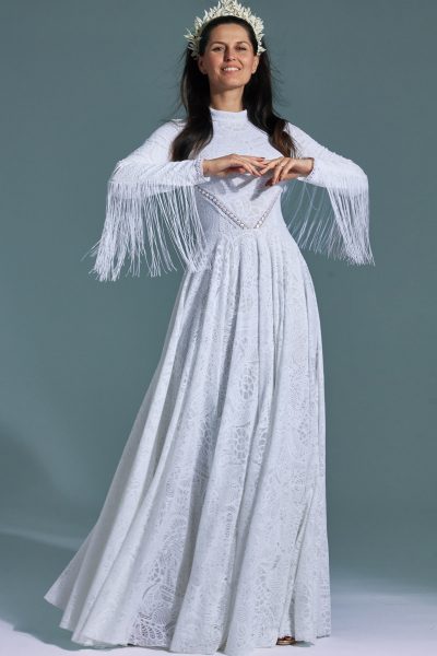 Decorated built-up long wedding dress with fringes Santorini 21