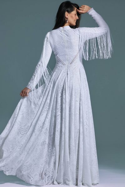 Decorated built-up long wedding dress with fringes Santorini 21