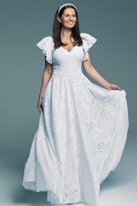 suknia ślubna z koronkowym wzorem, z dekoltem w kształcie litery V i falbaniastymi rękawami